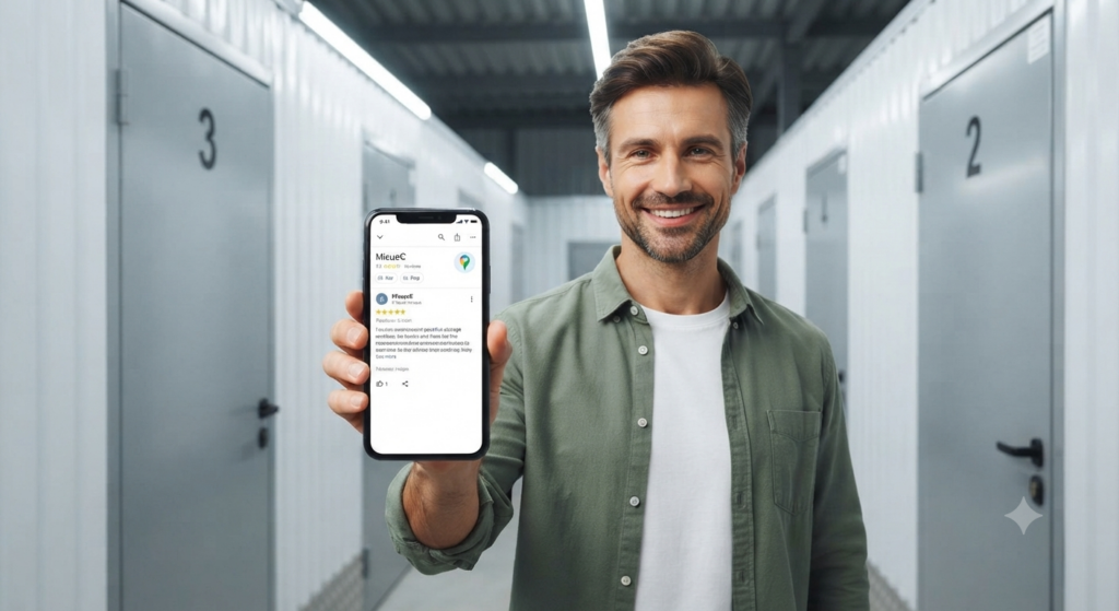 Задоволений клієнт показує смартфон із позитивним відгуком на тлі боксів МісцеЄ Вінниця
